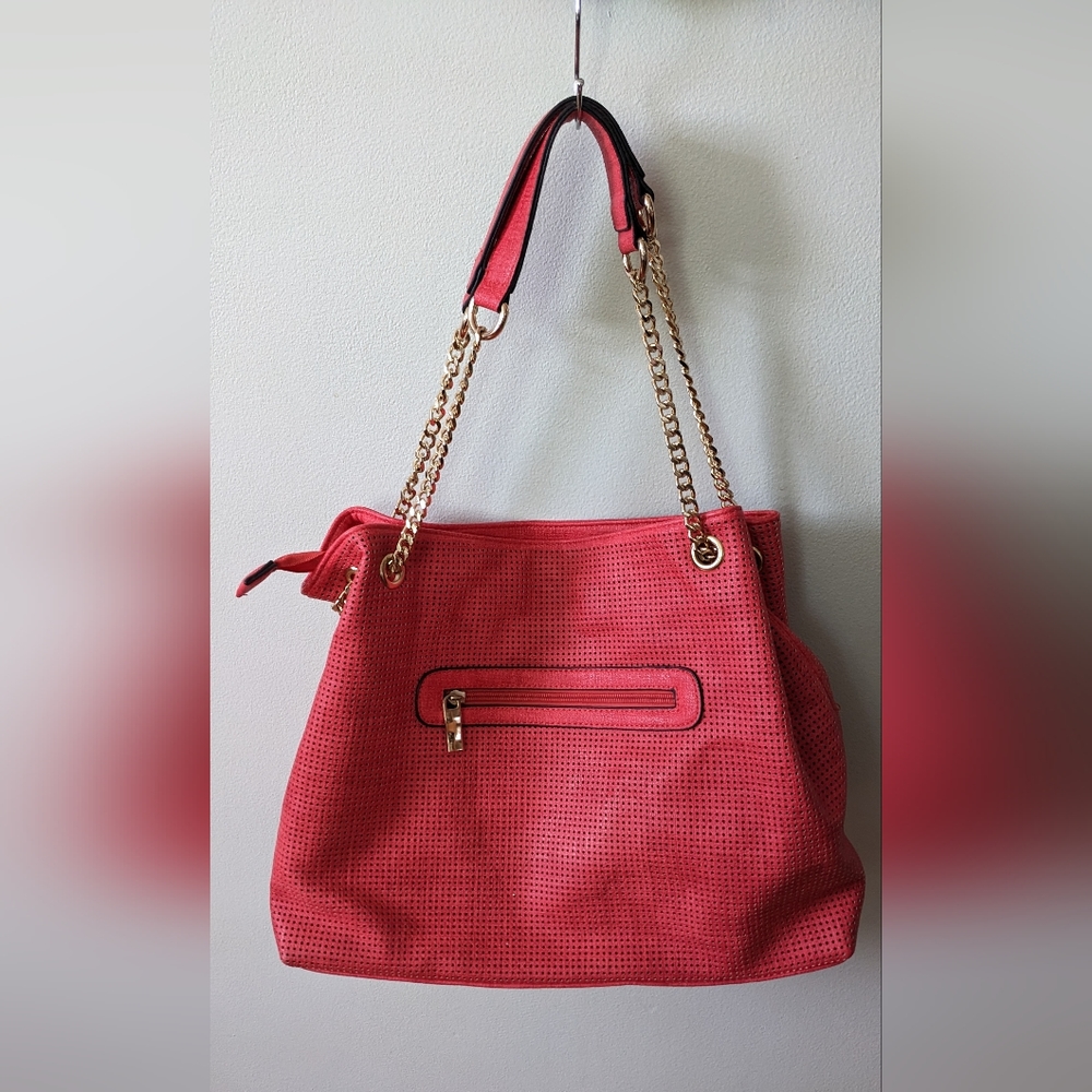 Indie3 Red Coral Large Tote Shoulder Bag W/Gold Hardware Accent Tassel 10"x15"